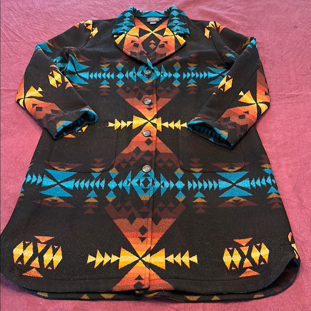 Pendleton xL woman’s long Black blanket Coat Orange & Blue Patterns buttons wool